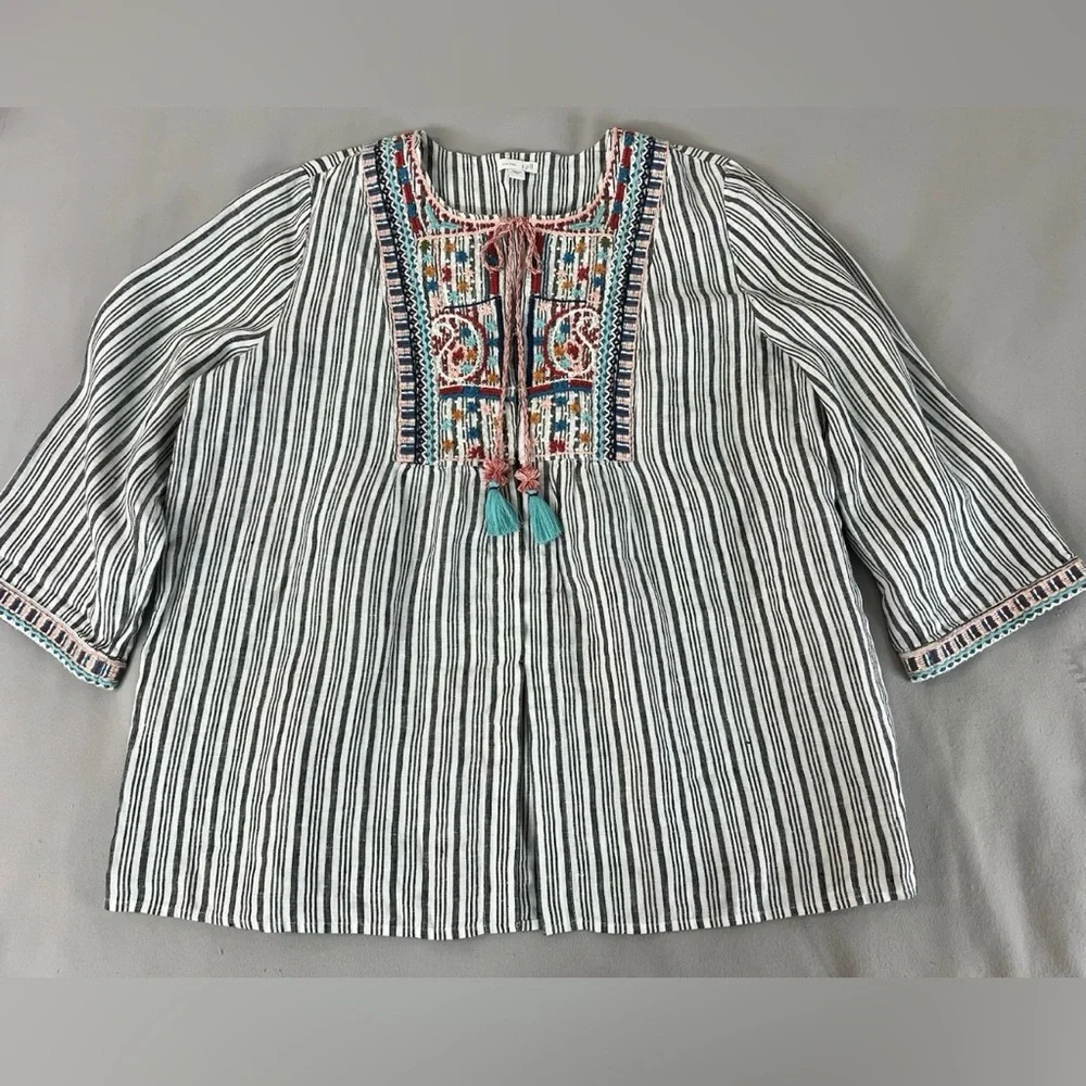 J. Jill Love Linen Striped Embroidered Boho Tunic Top with Tassels L - Picture 10 of 14